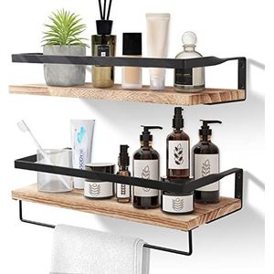AGM Set van 2 houten wandplanken met handdoekhouder, zwevende planken, ideaal voor badkamer, keuken, woonkamer, kantoor, slaapkamer, 2 stuks