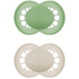 Mam Originele Pure siliconen fopspeen in set van 2, van SkinSoft siliconen met fopspeendoos, tandvriendelijk, van duurzaam en biologisch hernieuwbaar materiaal, met fopspeendoos, groen/beige