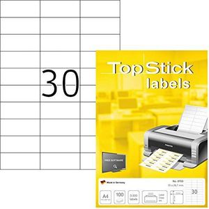 TopStick 8703 100 vellen universele etiketten 70 x 29,7 mm, 30 vellen A4, 3000 stickers, bedrukbaar, blanco papier voor laser/inkjetprinter, wit