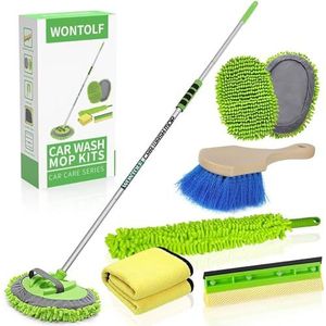 Wontolf Set van 9 autowasborstels met lange chenille-microvezel handgreep voor het wassen van de auto, reinigingsset voor de voorruit, autowisser