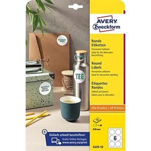 Avery Zweckform 6229-10 ronde etiketten (60 plakpunten, Ø 80 mm op A4, ronde stickers om te bedrukken, zelfklevende productetiketten, permanente etiketten, 10 vellen, wit