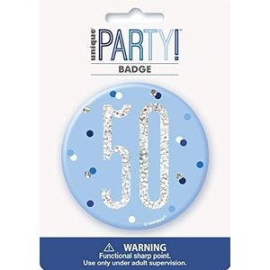 Unique Party 83522 – Badge voor de 50e verjaardag – 7,5 cm – verjaardagsfeest motto blauw en zilver glanzend