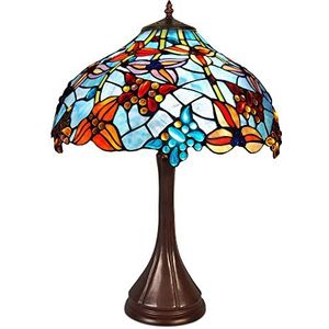 Tafellamp met lampenkap van gelast glas, Tiffany-afwerking, bronskleurig metalen frame, hoogte 59 cm, meerkleurig