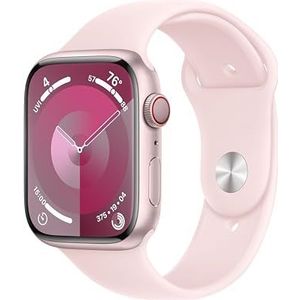 Apple Watch Series 9 (45 mm GPS + mobiel) met roze aluminium behuizing en lichtroze sportarmband (M/L) tracker voor fysieke activiteit, apps voor zuurstof in het bloed en ECG, waterbestendig