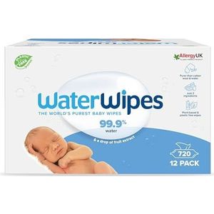 WaterWipes Babydoekjes (12 x 60 stuks), vochtige doekjes voor de gevoelige babyhuid, composteerbare reinigingsdoeken 100% plantaardige oorsprong, 720 doekjes