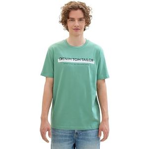 TOM TAILOR Denim slim fit T-shirt voor heren met logoprint van katoen, 13537 - Salvia Green