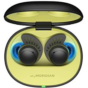 LG TONE-TF7Q True draadloze Bluetooth 5.2 sporthoofdtelefoon, ruisonderdrukking en zelfreiniging, waterbestendig, Meridian-technologie, drievoudige microfoon, batterij tot 24 uur, zwart/citroen