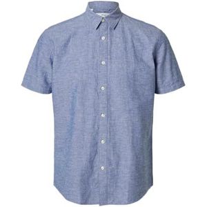 SELETED HOMME Slhreg-new linnen T-shirt Ss Noos herenhemd met korte mouwen, Medium blauwe denim