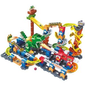 VTech - Marble Rush, elektronisch kogelcircuit Dino Adventure magnetische set XL400E, magnetisch dinosaurus bouwspel, 100 stuks, 10 ballen, cadeau voor kinderen vanaf 4 jaar - inhoud in het Frans