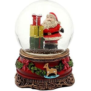 Sneeuwbol Kerstman met geschenken op versierde sokkel, afmetingen (L x B x H): 6,5 x 6,5 x 9 cm, bal Ø 6,5 cm.