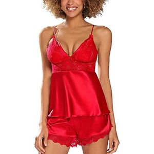 DKaren Dames nachtkleding set 2-delig satijn pyjama klassiek glad Harmonia, Rood