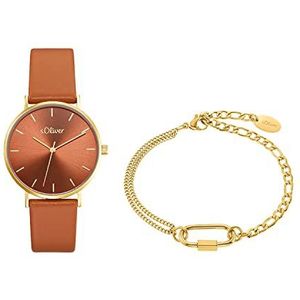 s.Oliver Analoog kwarts horloge met waterdichte stoffen band in geschenkdoos, goud, standaard, horloge en armband set, Goud, Horloge en armband set