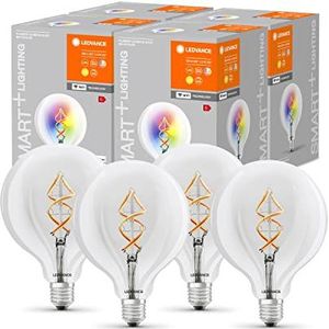 LEDVANCE Smart LED-lamp met wifi, E27, RGB kleurverandering, wereldbolvorm, kleurrijk filament als sfeerlicht, 60 W gloeilamp, 4-pack