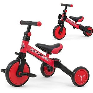 Milly Mally Optimus driewielige 3-in-1 balansfiets met pedalen voor jongens en meisjes vanaf 1 jaar loopfiets voor kinderen, cadeau rood