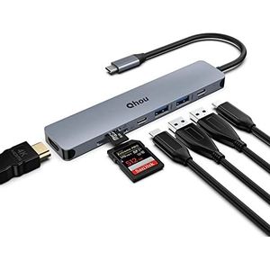USB C-hub met dubbele monitor, 7-in-1 adapter USB C multiport compatibel met MacBook Pro/Surface Pro 8 en andere Type C-apparaten (4K HDMI, USB C 3.0, 2 USB 3.0, 100W PD, SD/TF)