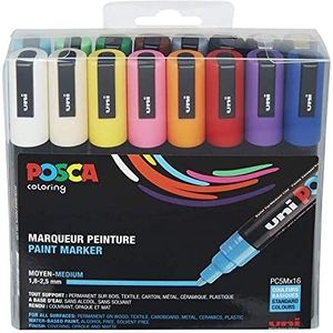 Uni Posca Basis Colors PC5M Lijn 1,8 - 2,5 mm - 16 kleuren set