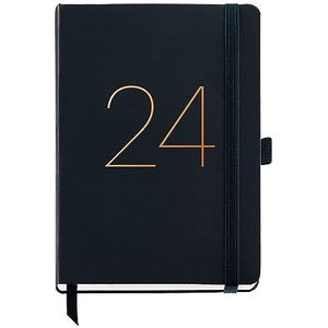 Miquelrius - Jaarlijkse agenda 2024, dagboek, plus grootte 155 x 213 mm (vergelijkbaar met A5), hardcover van kunstleer, ingenaaide elastiek, Catalaans, Engels en Portugees, zwart