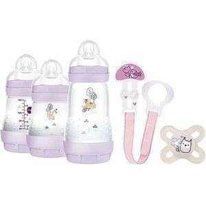 MAM Easy Start Anti-koliek welkomstset, eerste uitrusting voor baby's, met 3 anti-koliekflessen, fopspeen en fopspeenketting, cadeau voor baby's, vanaf de geboorte, paars