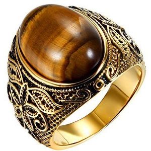 JewelryWe Sieraden Ring Mannen Tijgeroog Roestvrij Staal Retro Klassiek Gesneden Bloem Patroon Ring Ring Goud, Roestvrij staal, Geen edelsteen