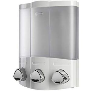 Croydex Drievoudige zeepdispenser met wandmontage, optilt voor eenvoudig vullen, douchegeldispenser, perfect voor badkamer of keuken, elimineert rommel, alles