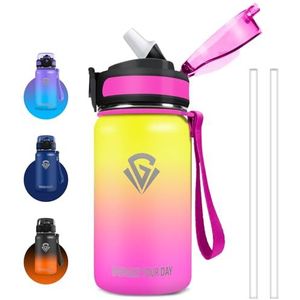 Grsta Borraccia, thermosfles, 500 ml, waterfles met rietje, BPA-vrij, kinderfles, staal, vacuüm-geïsoleerd, kleine thermosfles voor school, sport, camping, kantoor