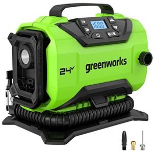 Greenworks G24IN Draagbare luchtcompressor, draadloze luchtpomp, 11 bar, lage of hoge druk, automatische uitschakeling, 3 adapters, slang 0,5 m, zonder accu en oplader 24 V, 3 jaar garantie
