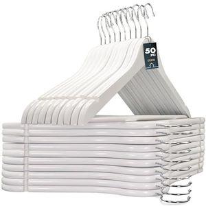 edihome, Houten kleerhangers, 50 stuks, antislip stang voor broeken, met antislip inkepingen, haak 360 graden draaibaar, voor pakken, overhemden, jassen (wit, 50 stuks)