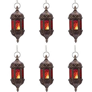 Nuptio 6 stuks Marokkaanse zeshoekige theelichthouders om op te hangen, van metaal, brons en glas, rood en paars