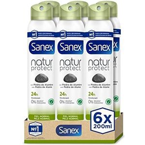 Sanex Natur Protect Deodorant Spray, 6 stuks x 200 ml, 24 uur bescherming tegen slechte geuren, met alcoholsteen, 0% alcohol, zonder allergenen en kleurstoffen, normale huid