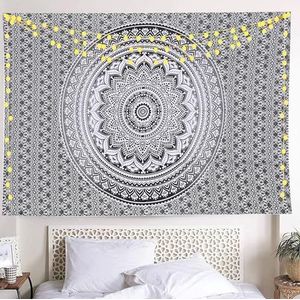 THE ART BOX Indie Mandala Tapestry aesthetic room decor wandkleden indiaas bedsprei sheets wandkleed bed sheets picknickkleed yoga mat decoratie tie dye, Grijs en wit, 135x210 Cm