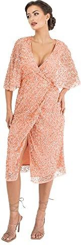 Maya Deluxe Midi-jurk voor dames, met pailletten, versierd, cape mouw, wrap jurk voor bruiloft, gast, bruid, cocktailjurk, gala, evenement, jurk dames, Abrikoos blush.