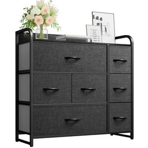 YITAHOME Commode met 7 laden, stoffen commode voor slaapkamer, woonkamer, hal, kasten en kinderkamer, robuust stalen frame, houten bovenkant en gemakkelijk te trekken stoffen bakken (grijs/zwart)