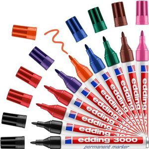 edding 3000 permanente markers, multicolor, presentatiedoos met 10 pennen, ronde punt 1,5 - 3 mm, sneldrogend, waterdicht en afwasbaar, voor karton, kunststof, hout, metaal, Tis