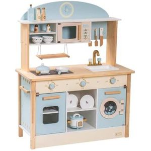 ROBUD Houten speelkeuken voor kinderen en peuters, poppenkeukenaccessoires met magnetron, wasmachine, rijstkoker, servies, cadeaus vanaf 3 jaar