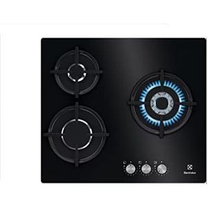 Electrolux KGE6633NOK Plaque de gaz de 60 cm et 3 zones, zone Wok, commandes avant, chaleur instantanée, allumage automatique, thermocouple de sécurité, avec injecteurs d'échange, noir