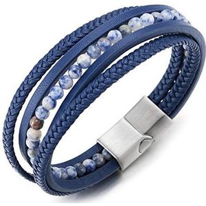 COOLSTEELANDBEYOND Multi-Strand Gem Stone kralen ketting gevlochten lederen armband armband stalen magnetische sluiting, Blauw Leer, niet van toepassing