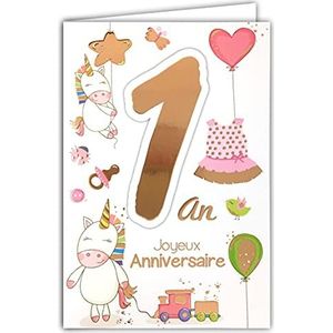Afie 69-2101 Kaart Gelukkige Verjaardag 1 Jaar Baby Meisje Eenhoorns Hart Ballonnen Star Speelgoed