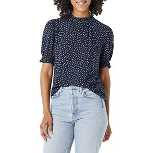 Amazon Essentials Chemisier smock à manches courtes bouffantes en sergé fluide pour femme, imprimé petites rayures bleu marine et blanc, taille L