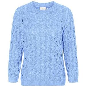 KAFFE Women's Pullover Patterned Knit Cropped Sleeves Round Neck Regular Fit, Vista Blue, L