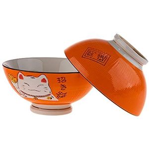 lachineuse - 2 soepkommen of Ramen - Design Maneki Neko - Oranje Colori - Multifunctionele kommen - Porselein - Japanse decoratie - Geschenkidee Japan Azië