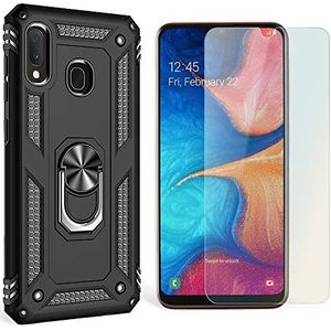 NALIA Beschermhoes + gehard glas, compatibel met Samsung Galaxy A20e, 9H getemperd glas & Cover met 360° draaibare ring, magnetische autohouder & siliconen bumper, kleur: zwart