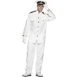 Smiffys Kapitein kostuum, wit, met jas, broek, pet en handschoenen, L