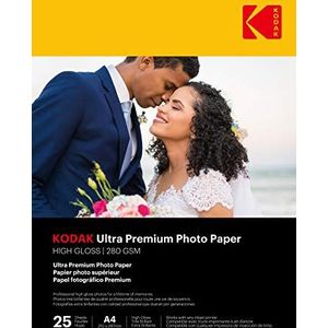 KODAK - 25 vellen fotopapier, 280 g/m², glanzend, DIN A4 (21 x 29,7 cm), inkjetprint, 9891261, wit