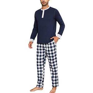 Doaraha Pyjama voor heren, katoen, geruit, nachtkleding, lange mouwen, zacht en comfortabel, korte mouwen, T-shirt en broek, 2-delig, Donkerblauw 02.