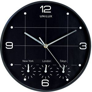 Unilux on Time Wandklok, kwarts, met 4 tijdzones, diameter 30,5 cm, zwart