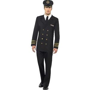 Smiffys Marine Officer kostuum heren, zwart, jas, broek, nep overhemd en