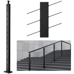 VEVOR Kabeltrapleuning, 106,7 x 2,5 x 5 cm, leuningpaal 30° schuine gaten, 12 voorgeboorde gaten, railpaal van roestvrij staal SUS304 met horizontale en gebogen houder, zwart