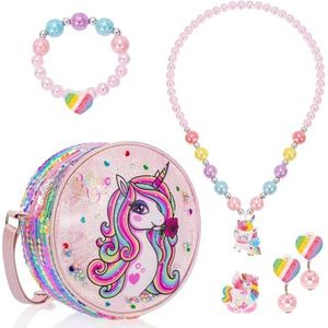 BTHRORO Eenhoorn schoudertas sieradenset voor meisjes, schattige glitterschoudertas met prinsessenkettingen, armbanden, ringen, oorbellen, simulatiespel, accessoires, Kunststof