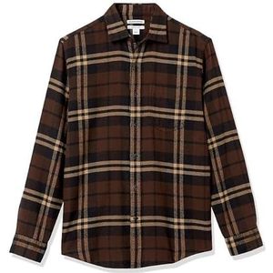 Amazon Essentials Flanellen overhemd voor heren met lange mouwen (verkrijgbaar in grote maat), donkerbruine Schotse stof, XS