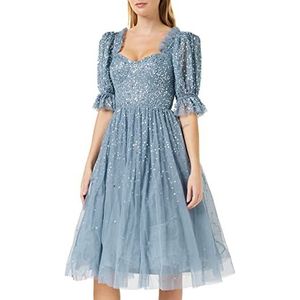 Maya Deluxe Midi-jurk voor dames, met pailletten, versierd, frilly, sweetheart, nek, pofmouwen voor bruiloft, gala, evenement, zomerblauw, 8 dames, Blauw